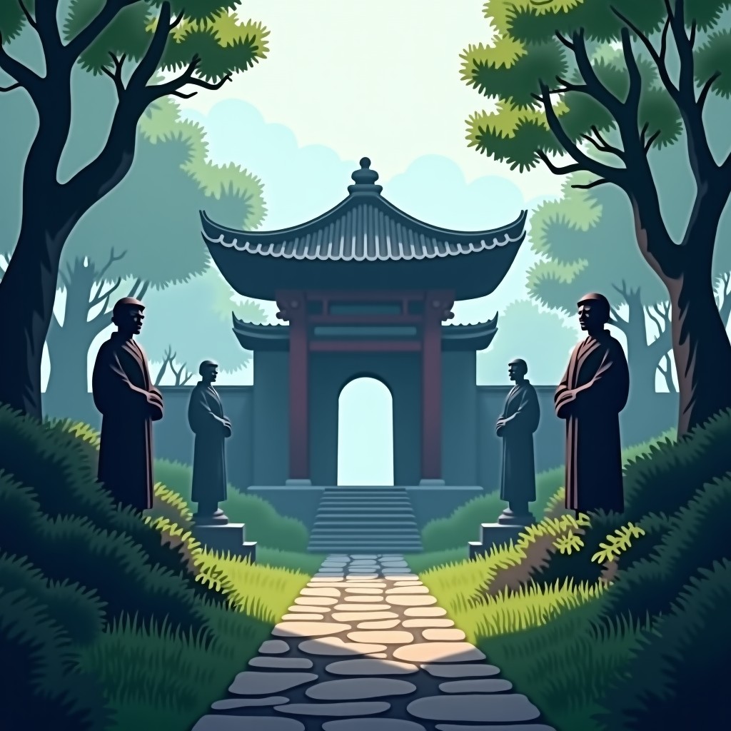 A serene traditional Joseon dynasty tomb located in a misty forest, historical Korean stone statues guarding the grave, cinematic lighting, artistic illustration style, 4:3