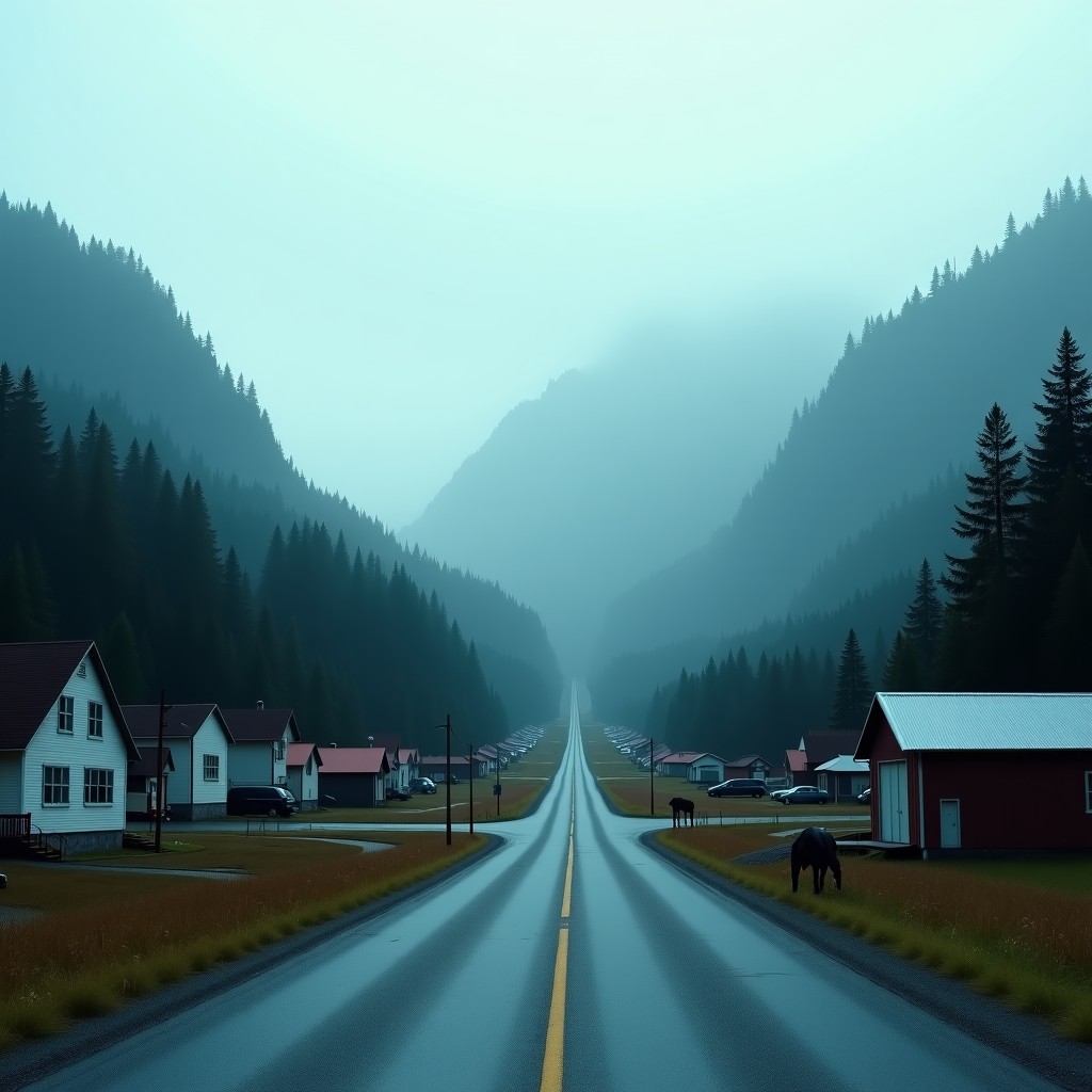 A cinematic landscape of a small rural town in British Columbia, Canada, surrounded by misty mountains and evergreen forests, quiet and somber atmosphere, realistic photography, 4:3