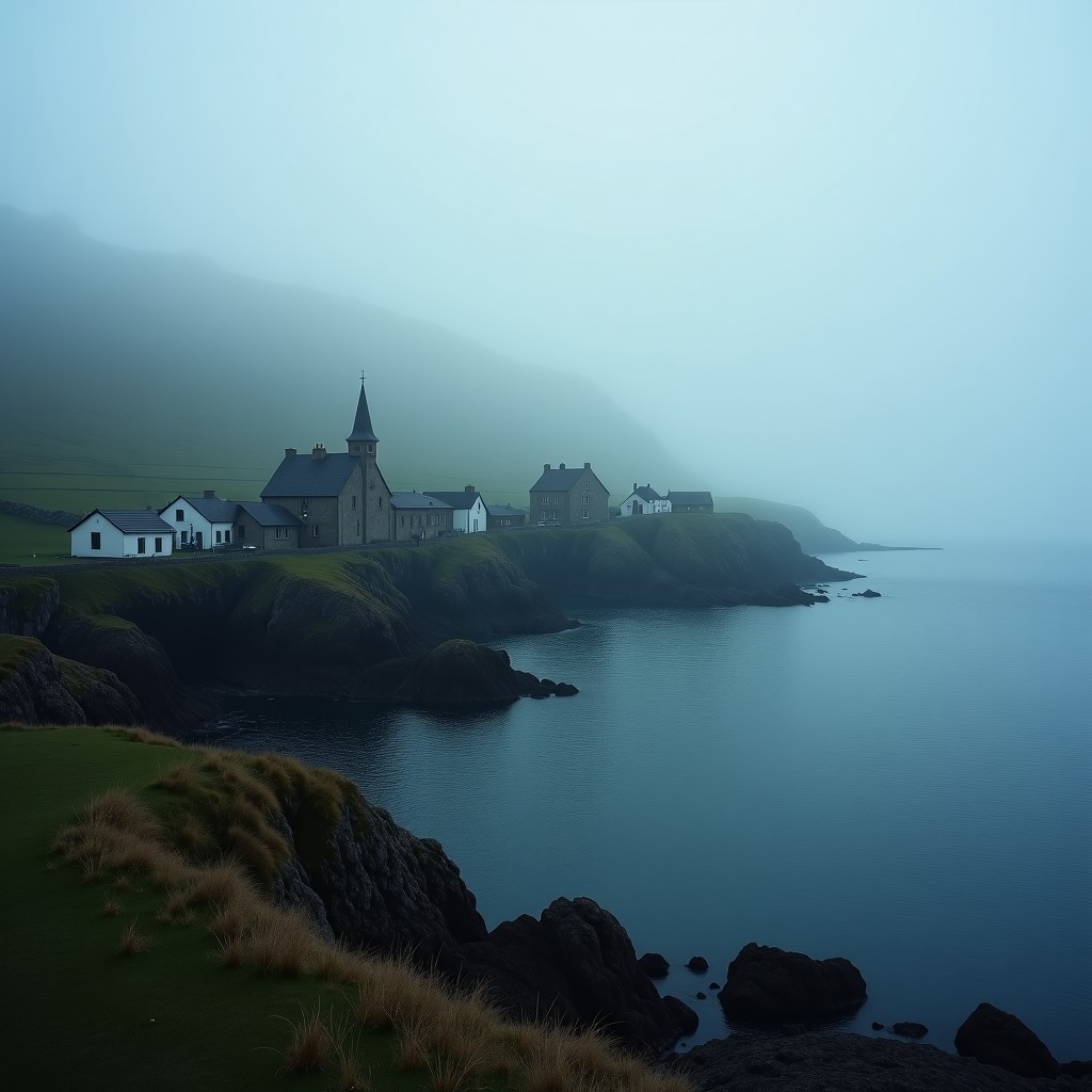 A realistic cinematic view of a small coastal fishing village in Scotland shrouded in thick sea fog. Old stone houses and a quiet harbor with calm water. Dark and moody atmosphere, high contrast, natural lighting. 4:3