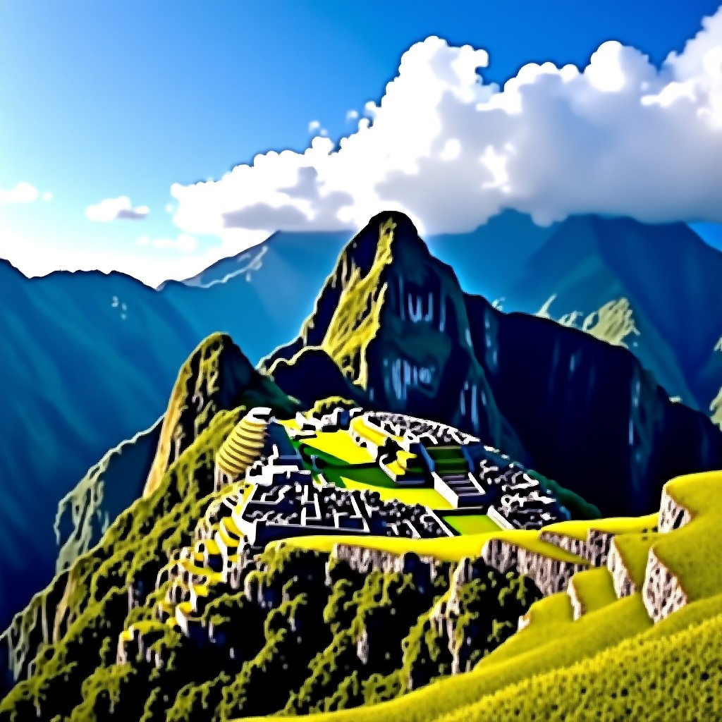 A breathtaking panoramic view of Machu Picchu ruins nestled high in the lush green Andes Mountains under a clear blue sky, misty clouds swirling around the peaks, high contrast photography, realistic textures, 4:3