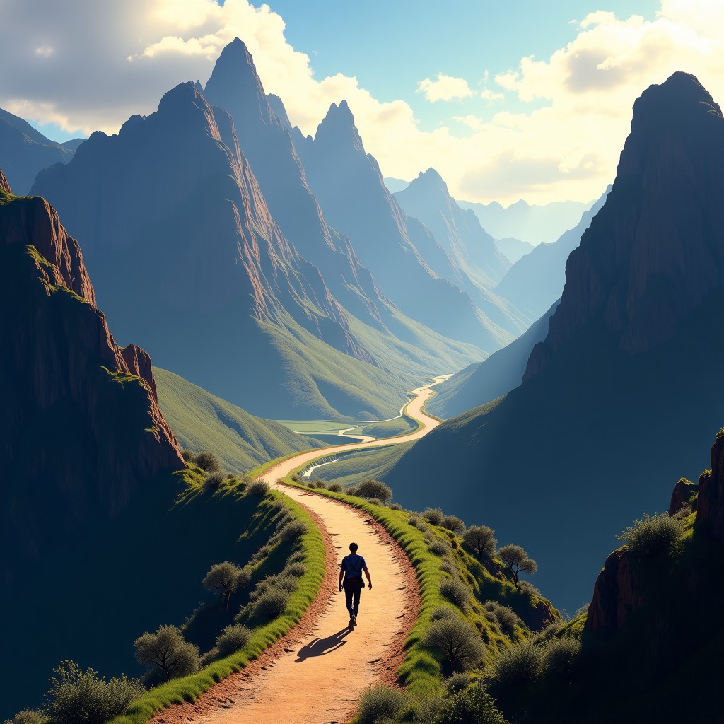 An artistic rendering of an ancient Inca road winding through rugged mountain peaks and valleys, a small messenger figure running in the distance, dramatic lighting, epic scale, 4:3