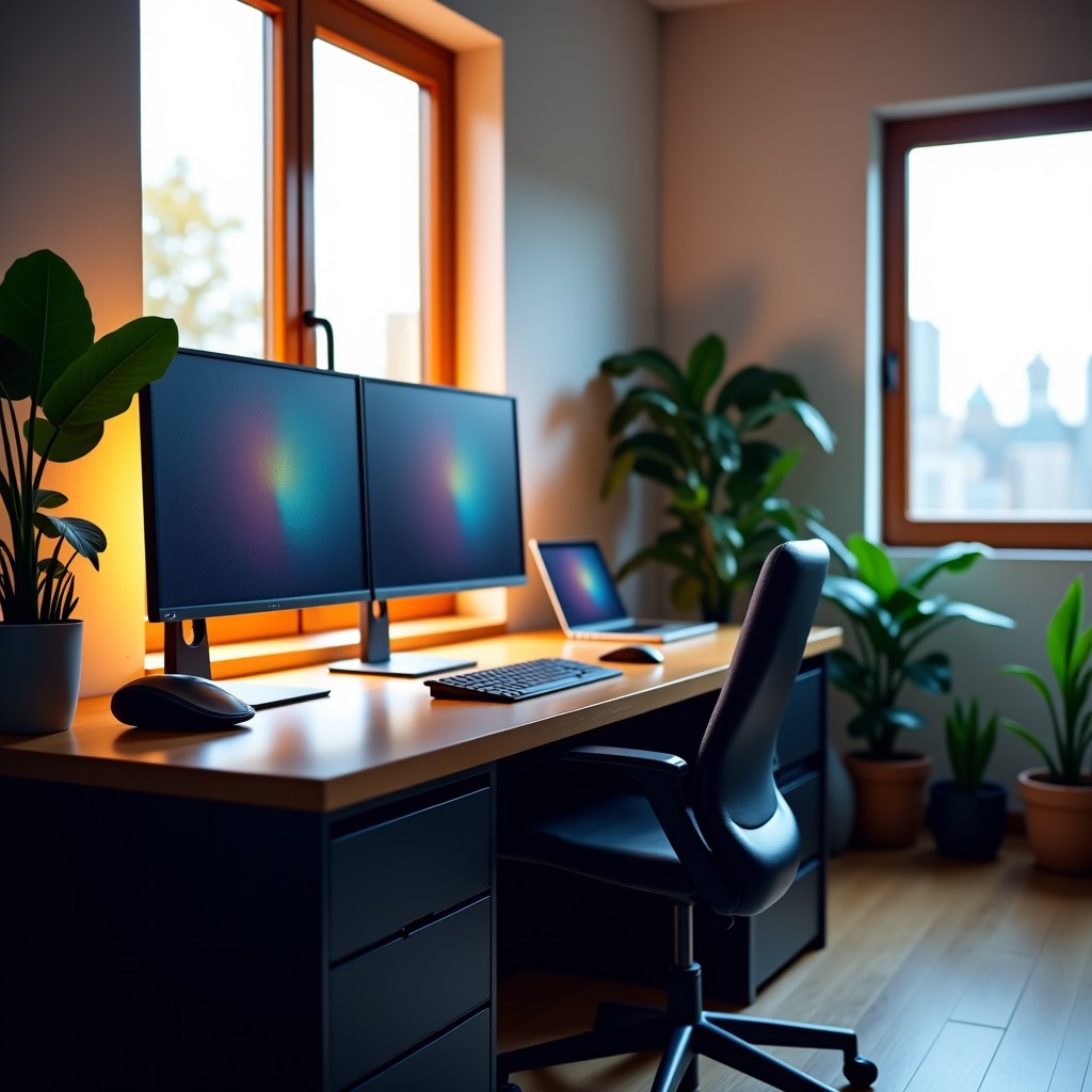 A clean and organized modern home office setup with a high-end computer and multiple monitors. Soft natural light coming through a window, warm and secure atmosphere, professional interior photography, 4:3