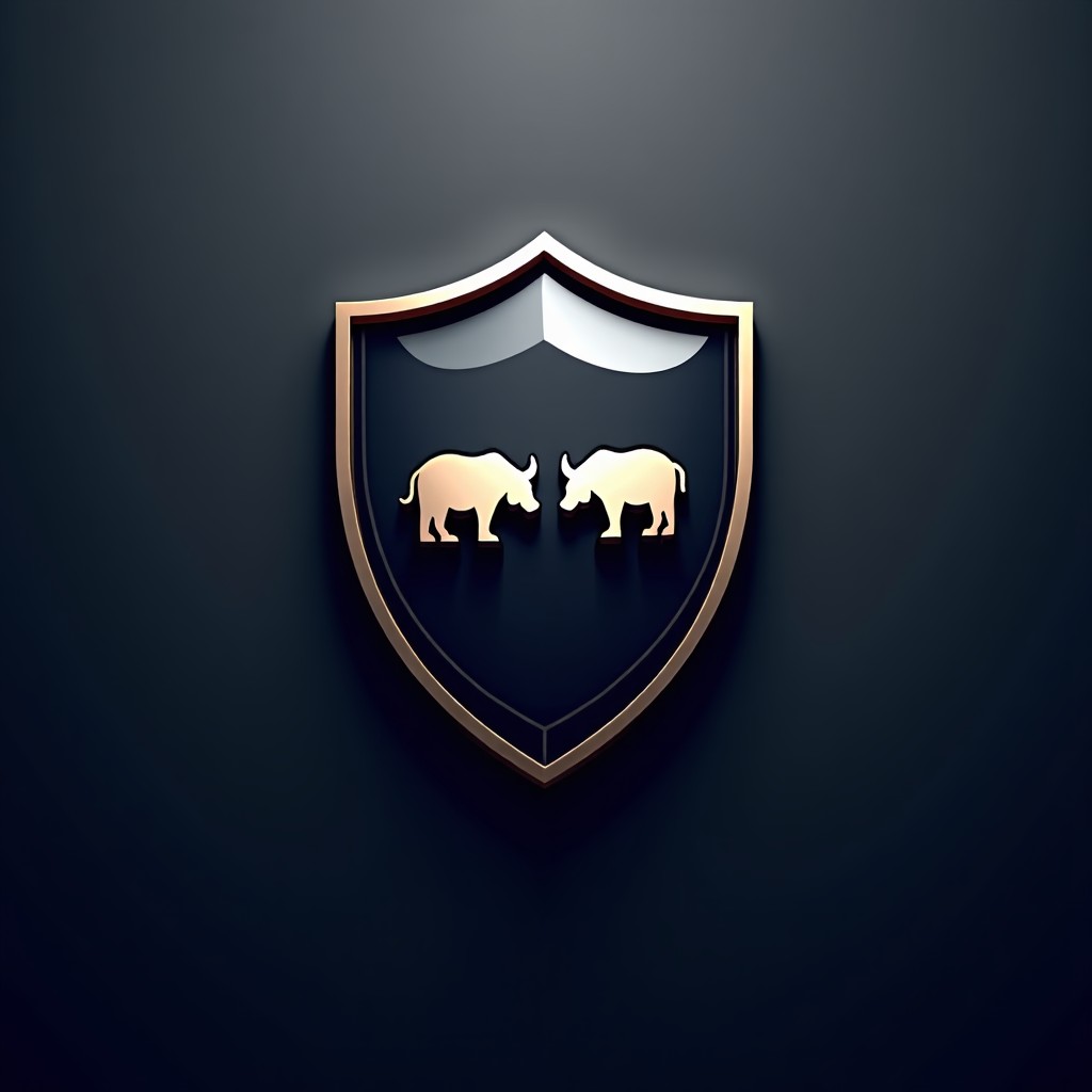 A symbolic digital shield protecting a stylized bull and bear market icons on a dark gradient background. High tech, metallic textures, professional layout, 4:3 ratio.