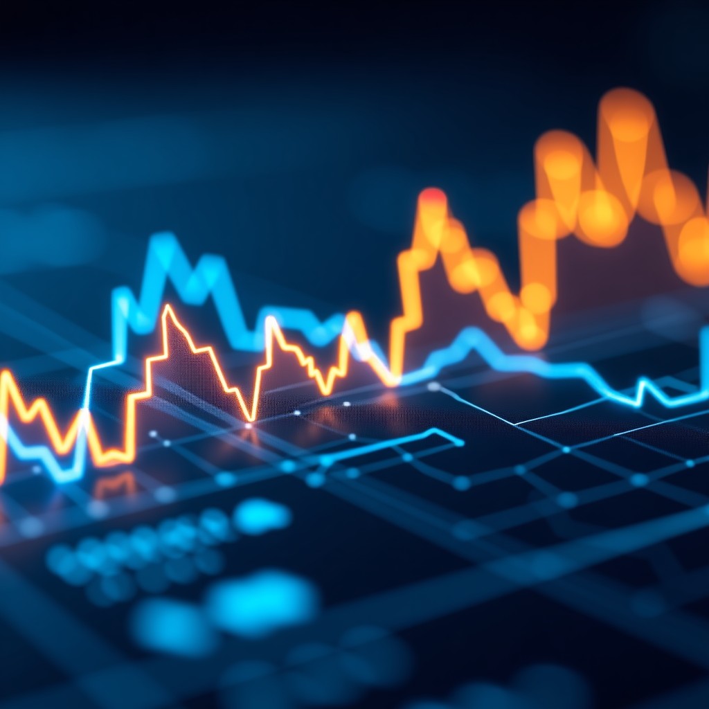 Digital representation of algorithmic trading, glowing blue lines of computer code merging with golden financial trend graphs, abstract background with high-tech feel, cinematic lighting, focused composition, 1:1