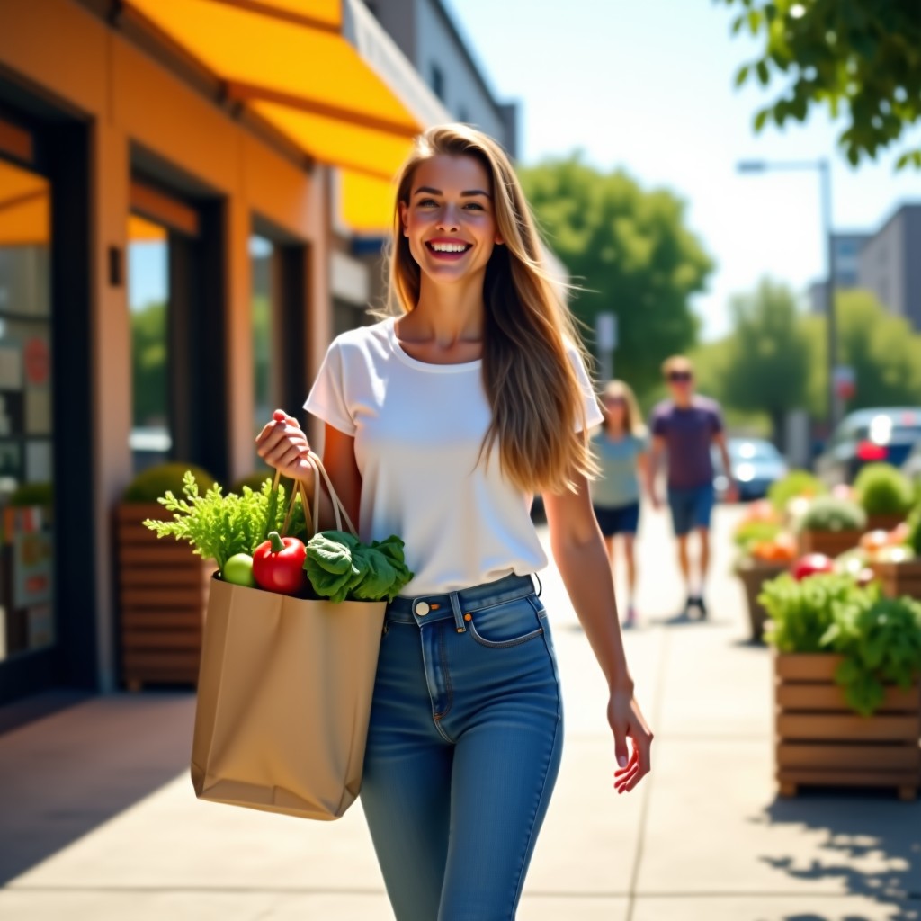 A person walking out of a grocery store with a paper bag full of fresh vegetables, looking satisfied and happy. Bright sunny day, natural setting. 4:3
