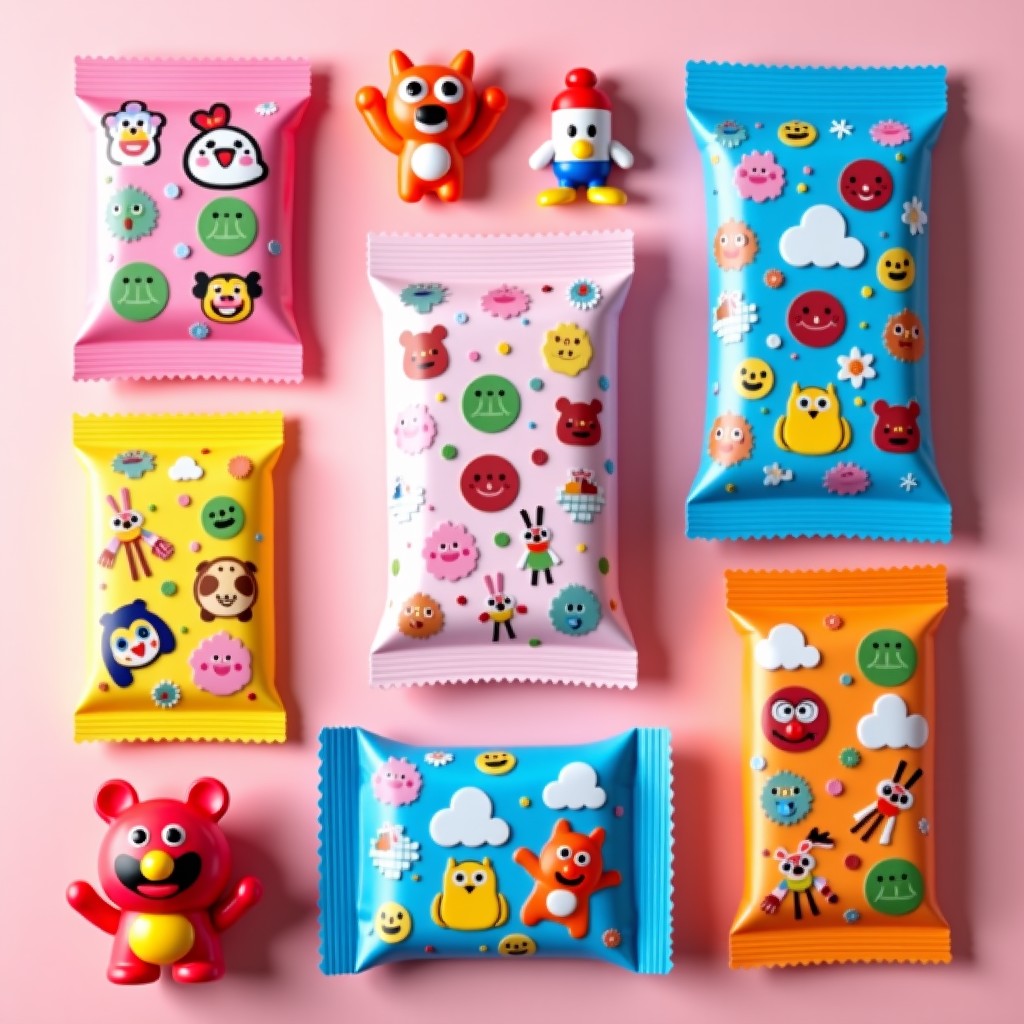 A flat lay of various anime themed candy packages and small plastic toys on a soft pastel background, clean and bright, 4:3