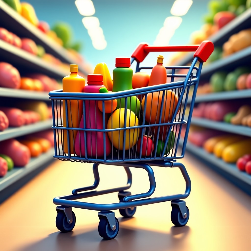 A shopping cart filled with various grocery items like meat, snacks, and fruits inside a store. Detailed composition with a focus on a well-planned shopping trip. 4:3