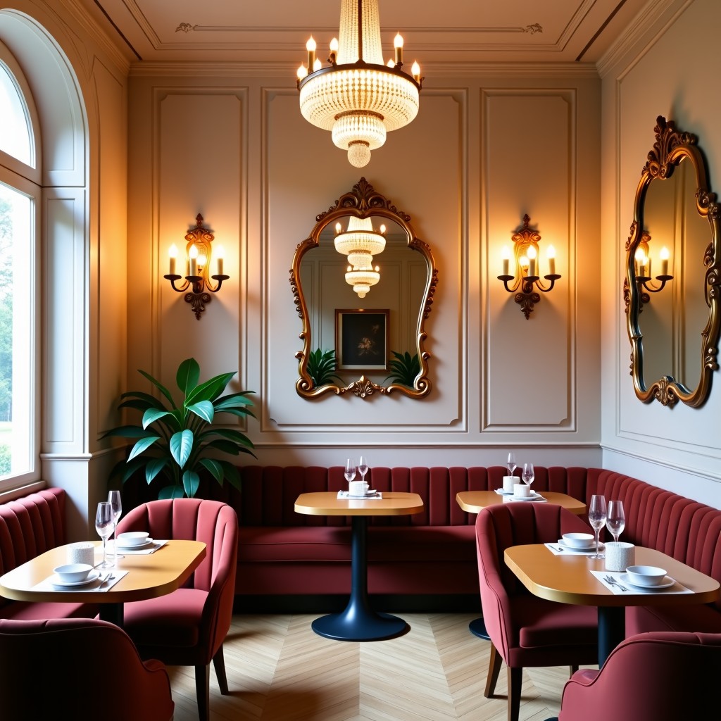 Elegant interior of a French-style dessert cafe in Seoul, featuring antique furniture, a crystal chandelier, warm ambient lighting, and decorative vintage mirrors on the wall, 1:1