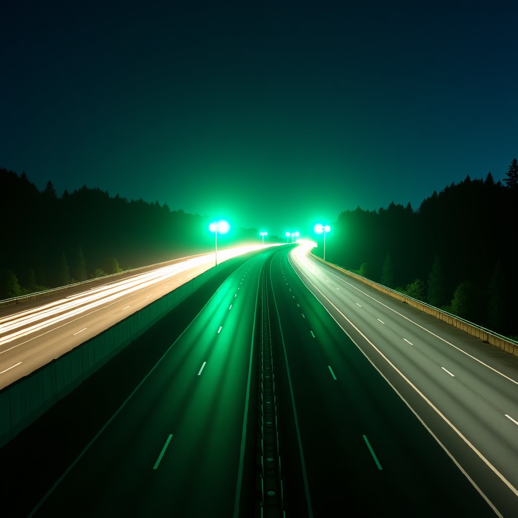 A perspective view of a highway at night with a green glare screen installed on top of the concrete median. The headlights of cars in the opposite lane are visible but softened by the screen. High contrast, modern highway infrastructure, 4:3