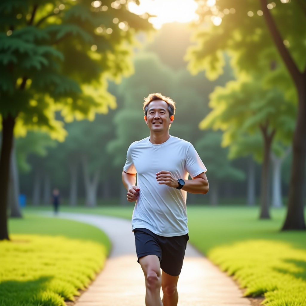 A middle-aged Korean person jogging in a green park, sunny morning, natural expression, lifestyle photography, 4:3