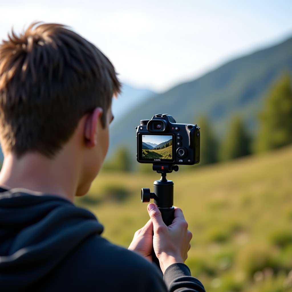 A young person filming a vertical video of a beautiful landscape using a small mirrorless camera mounted on a mini tripod. Natural daylight and scenic background. 1:1
