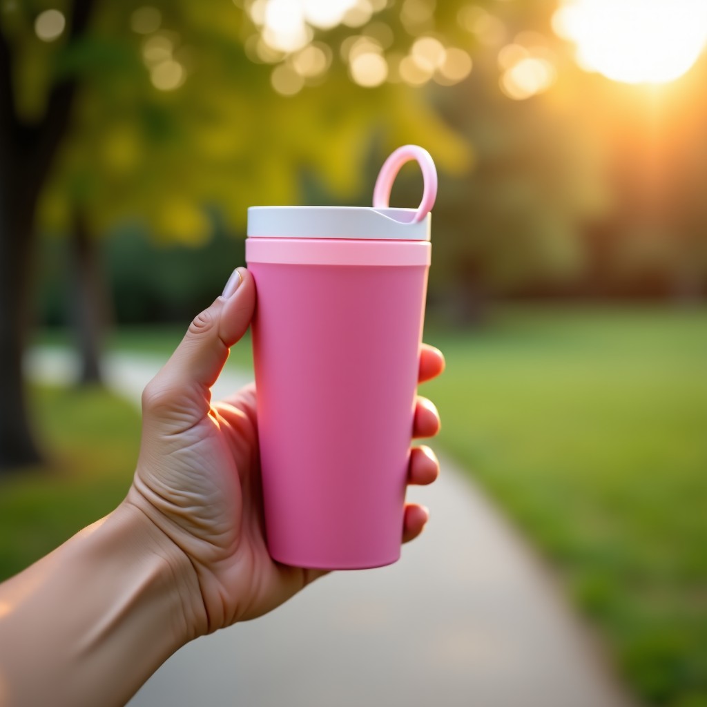 Close-up of a person's hand holding a stylish pink tumbler with a loop handle while walking in a sunlit park. Natural background, high resolution, lifestyle photography, 4:3
