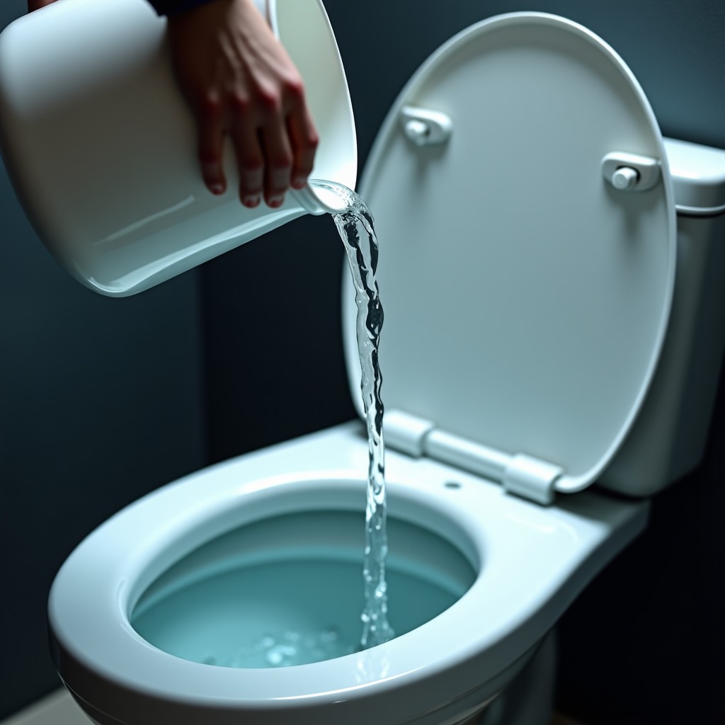 Close up of a person pouring a large bucket of water into a toilet bowl dynamic water movement high contrast 4:3