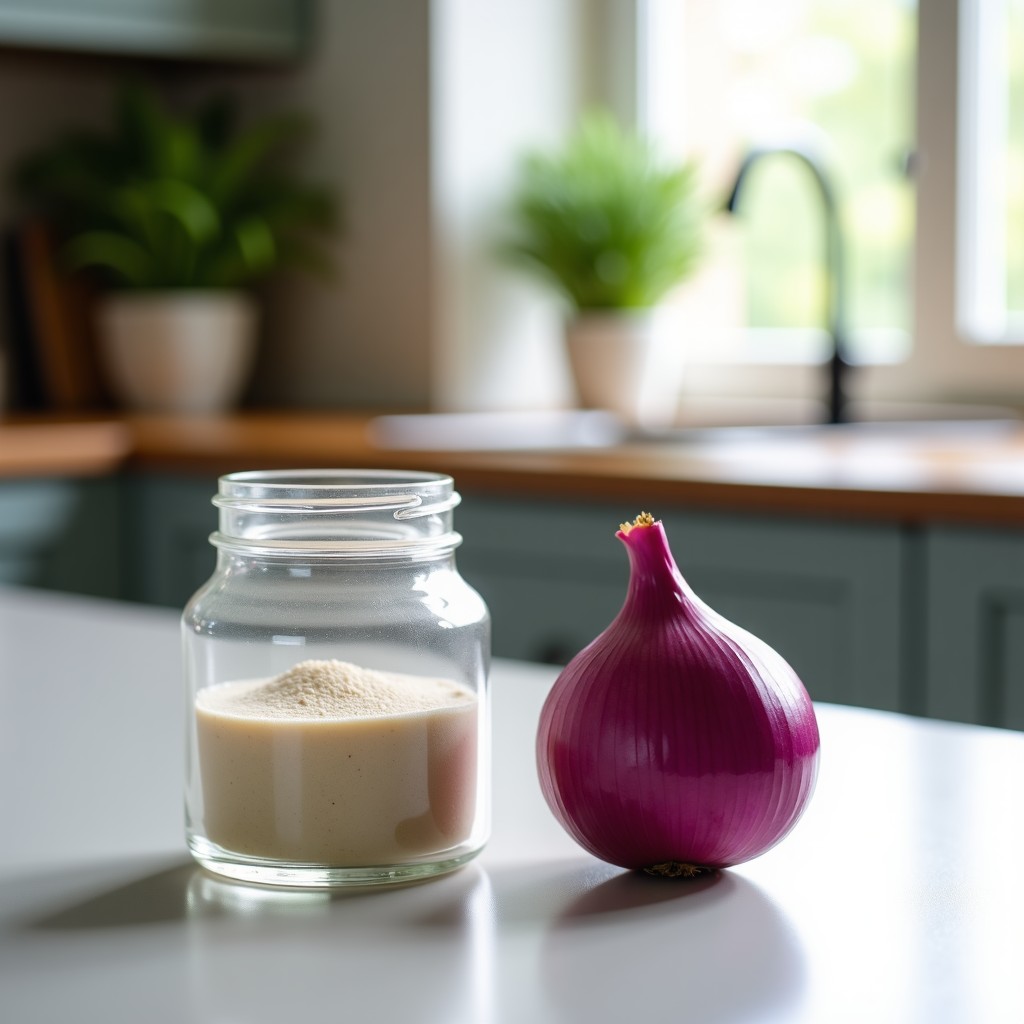 A composition of a sliced red onion and a glass jar containing psyllium husk powder on a clean kitchen counter, bright and airy atmosphere, natural lighting. 1:1