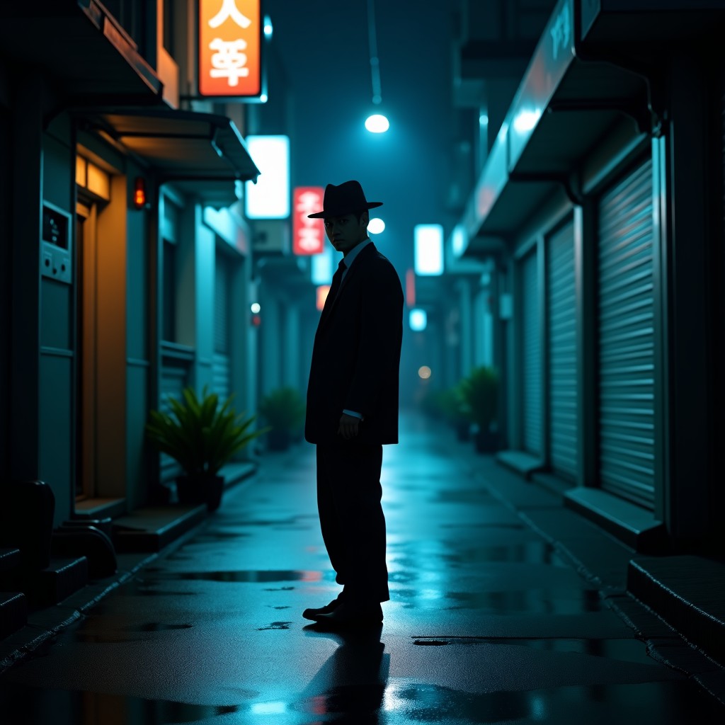 A cinematic shot of a weary South Korean detective standing in a dark urban alleyway at night, city lights reflecting on wet pavement, realistic photography, high contrast, 4:3