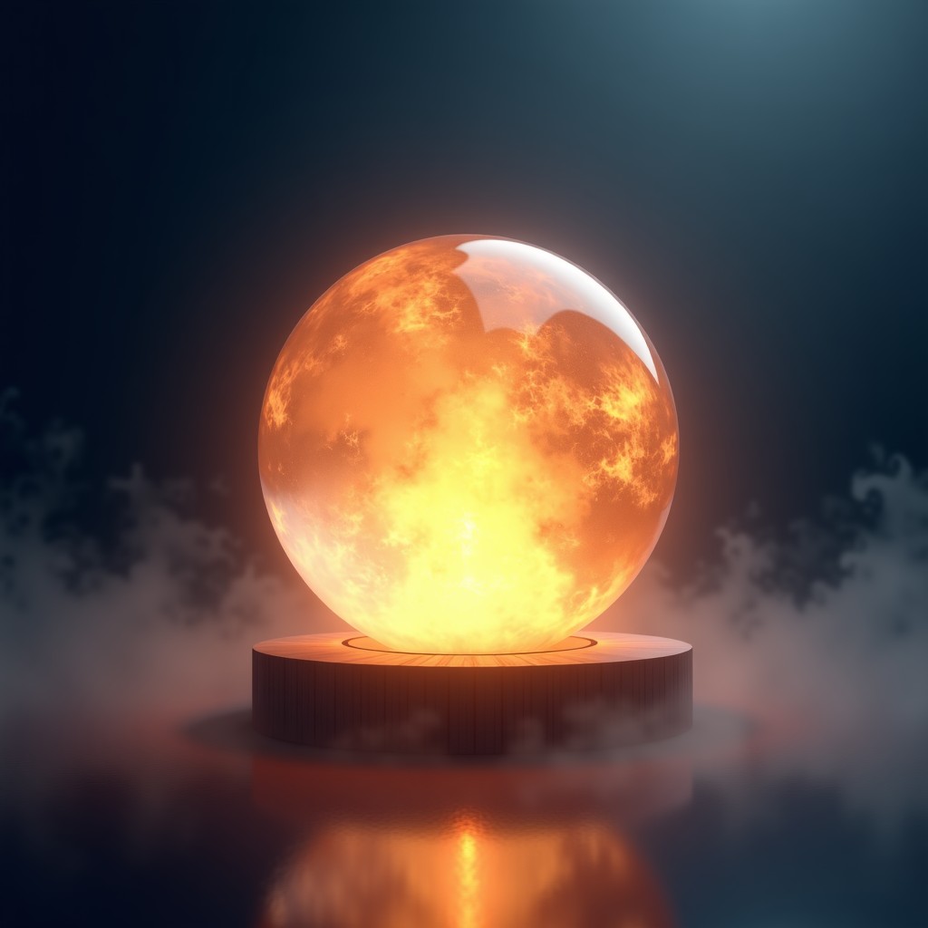 A glowing crystal ball in a dark room surrounded by ethereal swirling energy and mist. Mystical and spiritual lighting, high detail, 4:3