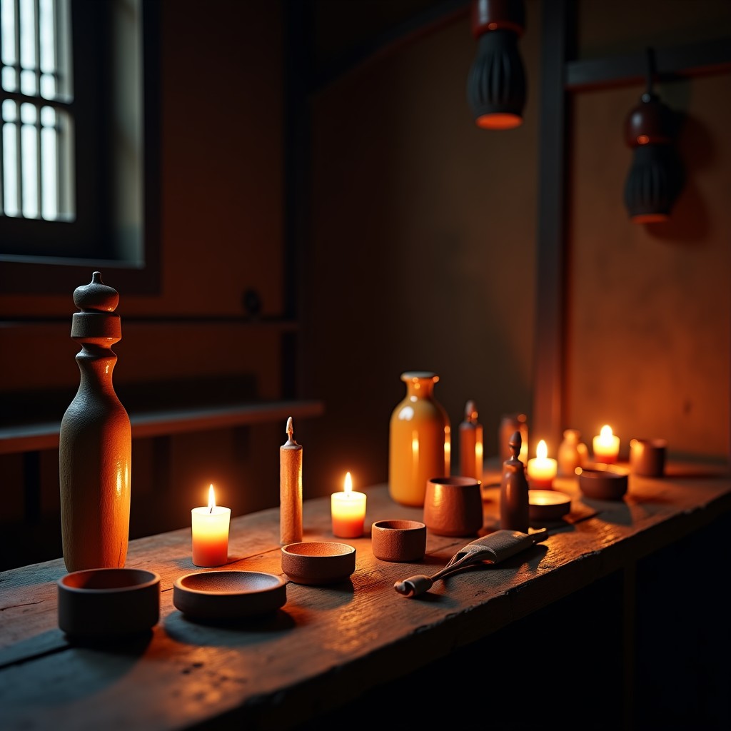 Shamanic ritual tools in a dark room, flickering candles, traditional Korean items, eerie atmosphere, realistic photography, 4:3