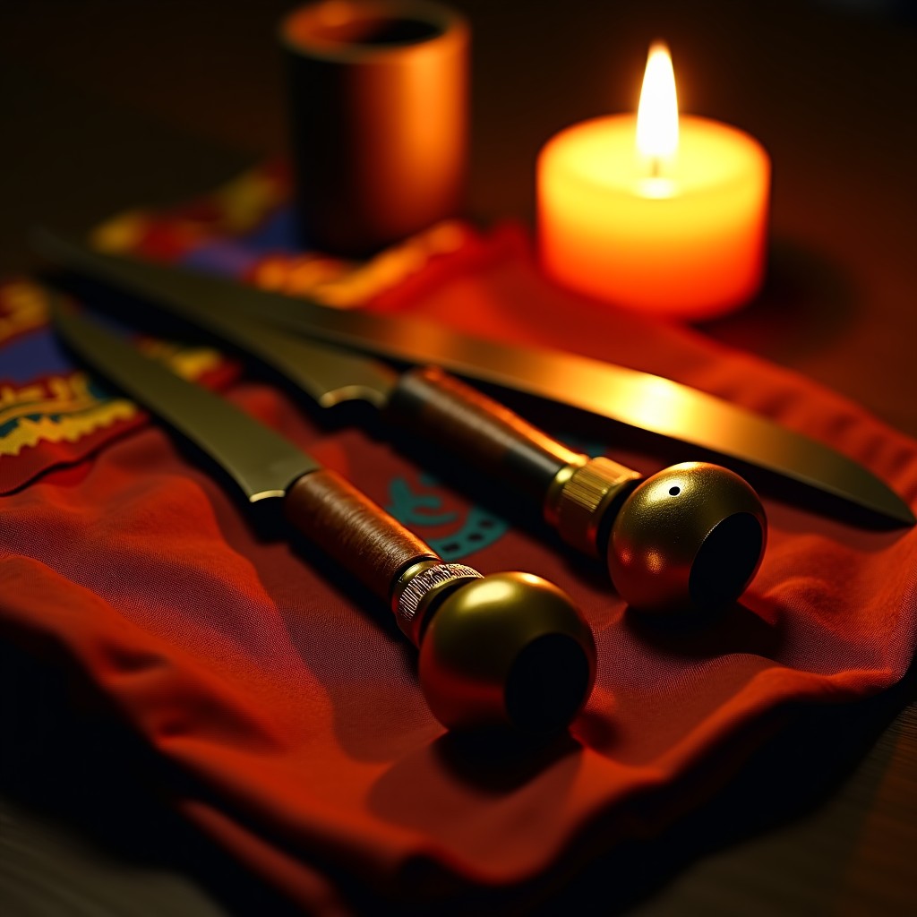 Close up shot of traditional Korean shamanic ritual items, colorful silk fabrics, brass bells, and ritual knives, dim warm candlelight, mysterious and traditional atmosphere, realistic photography, no text. 1:1
