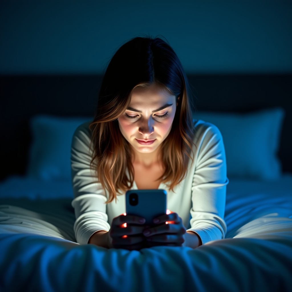 A young woman sitting on a bed in a dimly lit bedroom, her face illuminated only by the bright glow of a smartphone screen, looking tired and obsessed, realistic photography style, 4:3