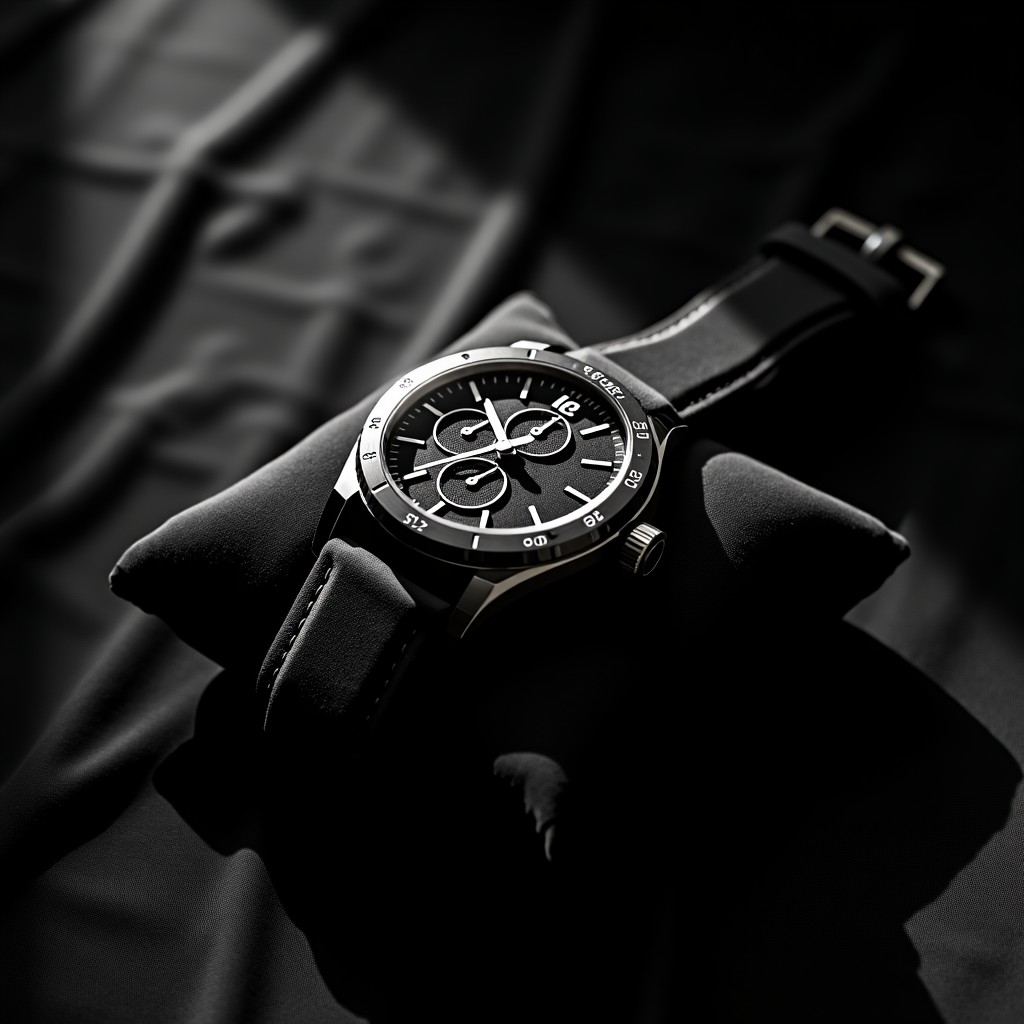 A luxury wristwatch placed on a dark velvet cushion, dramatic spotlight, high contrast, elegant and mysterious mood, detailed textures, 4:3