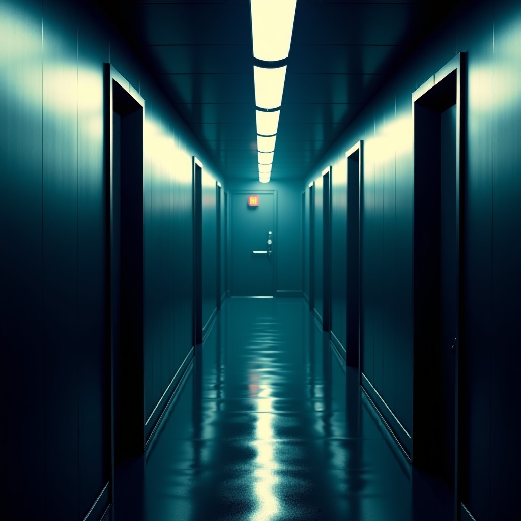 A dark and moody corridor of a modern motel with dim neon lighting, cinematic atmosphere, high contrast, realistic style. 4:3