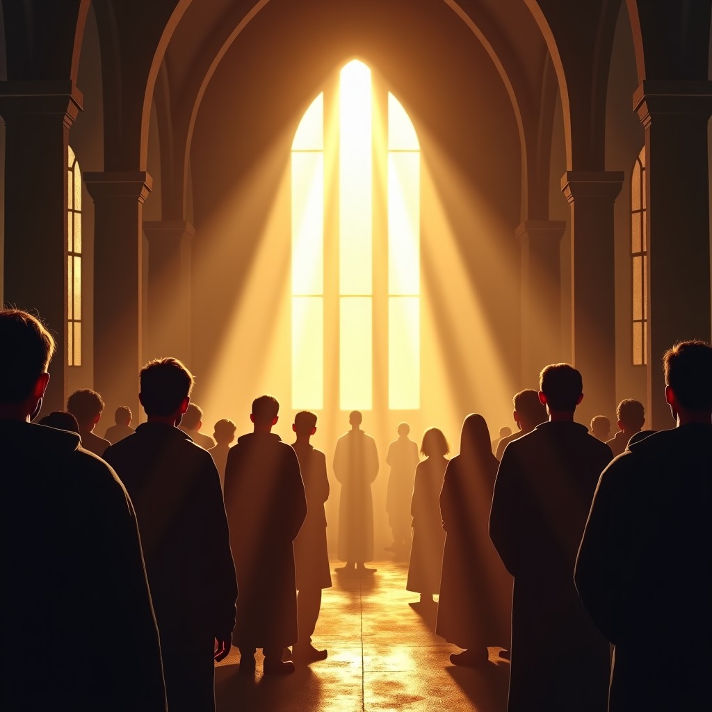 Inside a dim, rustic chapel, a group of people look up at a high window where bright sunlight is streaming in. The dust particles are visible in the light. Hopeful and spiritual atmosphere. Detailed composition, 4:3