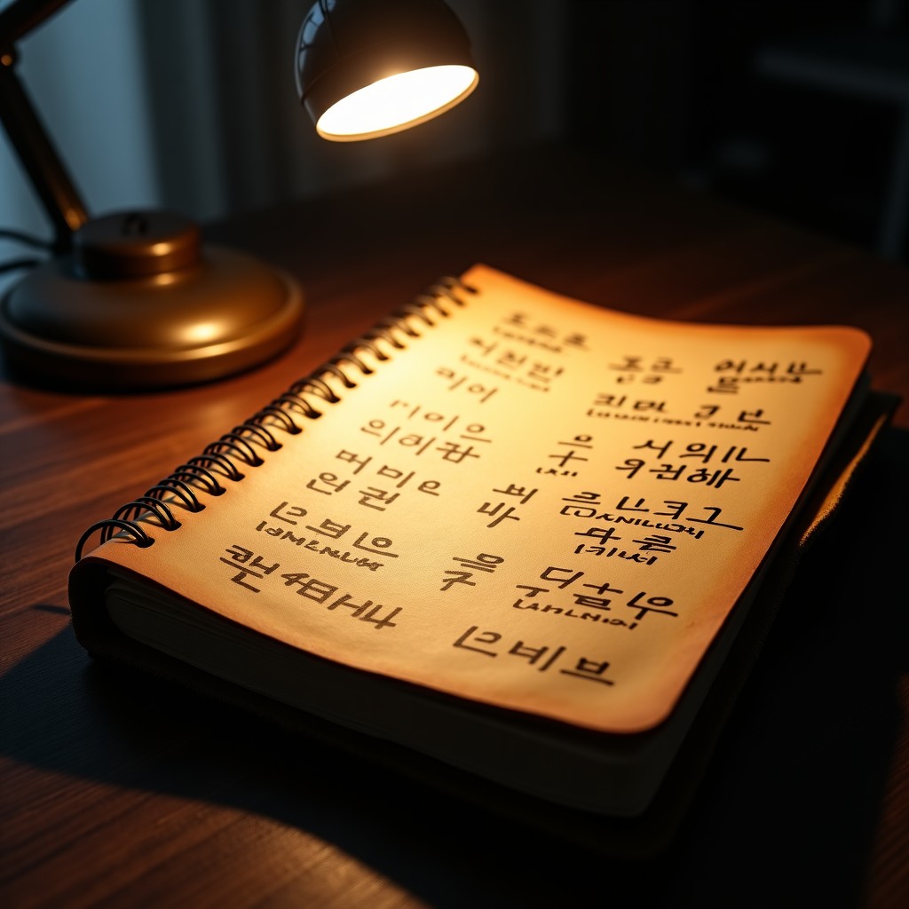 Close-up of a weathered leather notebook on a dark desk, lit by a single desk lamp, with handwritten Korean characters and cryptic sketches. 4:3