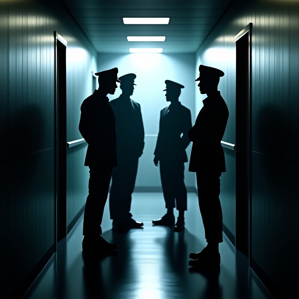 Silhouettes of figures in military uniforms standing in a dimly lit hallway, talking secretly, cinematic lighting, cold atmosphere. 4:3