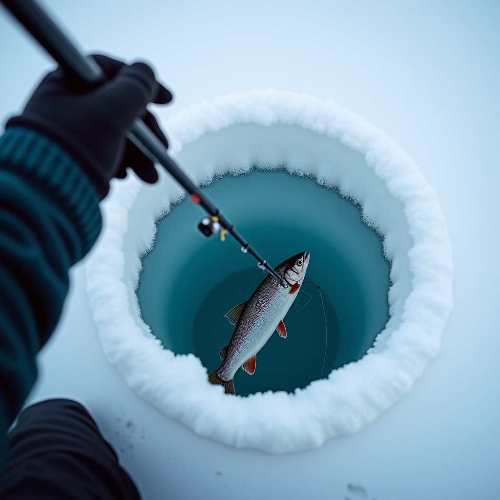 Close up shot of a person holding a small ice fishing rod over a circular hole in thick ice. A glimpse of a large trout under the water. Realistic winter gear and icy texture. 4:3