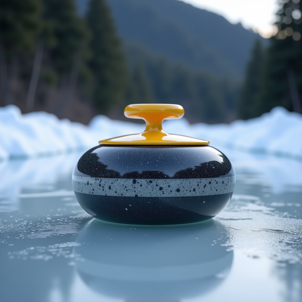 A close up shot of a granite curling stone sliding on a pebbled ice surface towards the camera. The texture of the ice and the handle of the stone are clearly visible. 1:1
