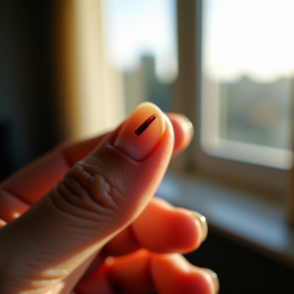 A close-up of a person's thumb with a subtle dark vertical line on the fingernail, natural morning light from a window, soft focus background of a cozy room, realistic photography style, 4:3