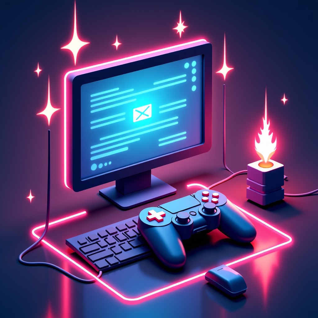 A stylized illustration of a digital blog interface with electric sparks and gaming controller elements, vibrant neon colors, modern tech aesthetic, 1:1