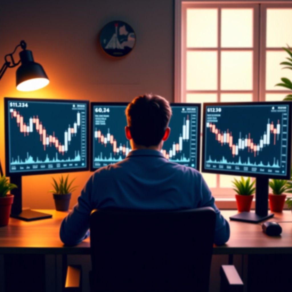 A modern home office with a person looking at multiple monitors showing crypto price charts, warm natural lighting, lifestyle photography, 4:3