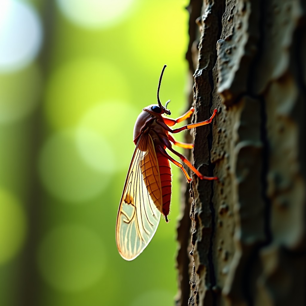 A sharp macro photography of an adult cicada with transparent wings resting on a textured tree bark, bright summer daylight, forest background, 4:3