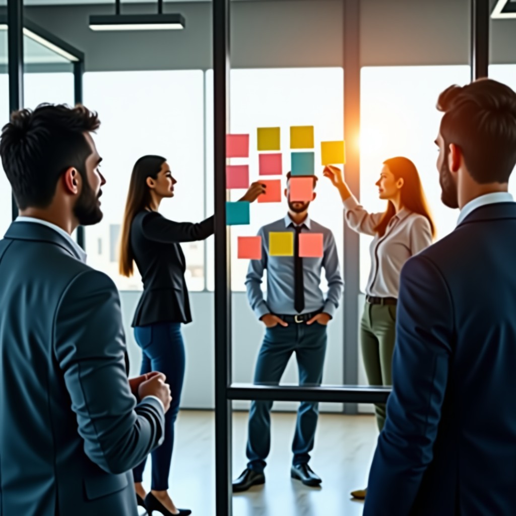 Professional business environment, people having a dynamic meeting around a glass wall with colorful sticky notes and strategy sketches, natural lighting, creative office vibe, 4:3