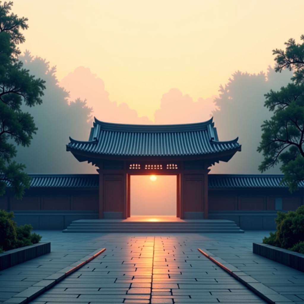 A serene Korean temple or shrine at dawn with morning mist, traditional architecture with tiled roofs, peaceful and respectful atmosphere. modern layout, high contrast. 4:3