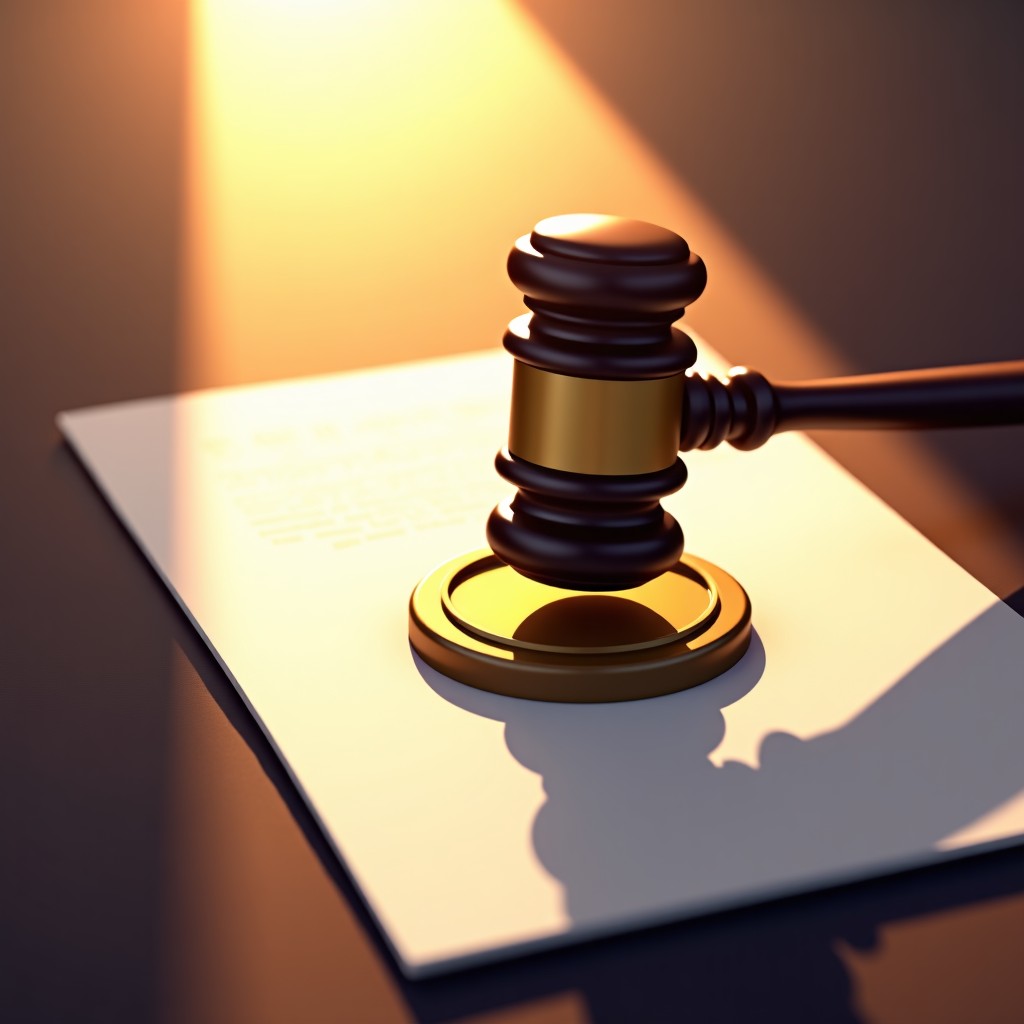 A stylized depiction of a formal government document being stamped with a seal of exoneration, light streaming from the background, hopeful and dignified atmosphere 4:3