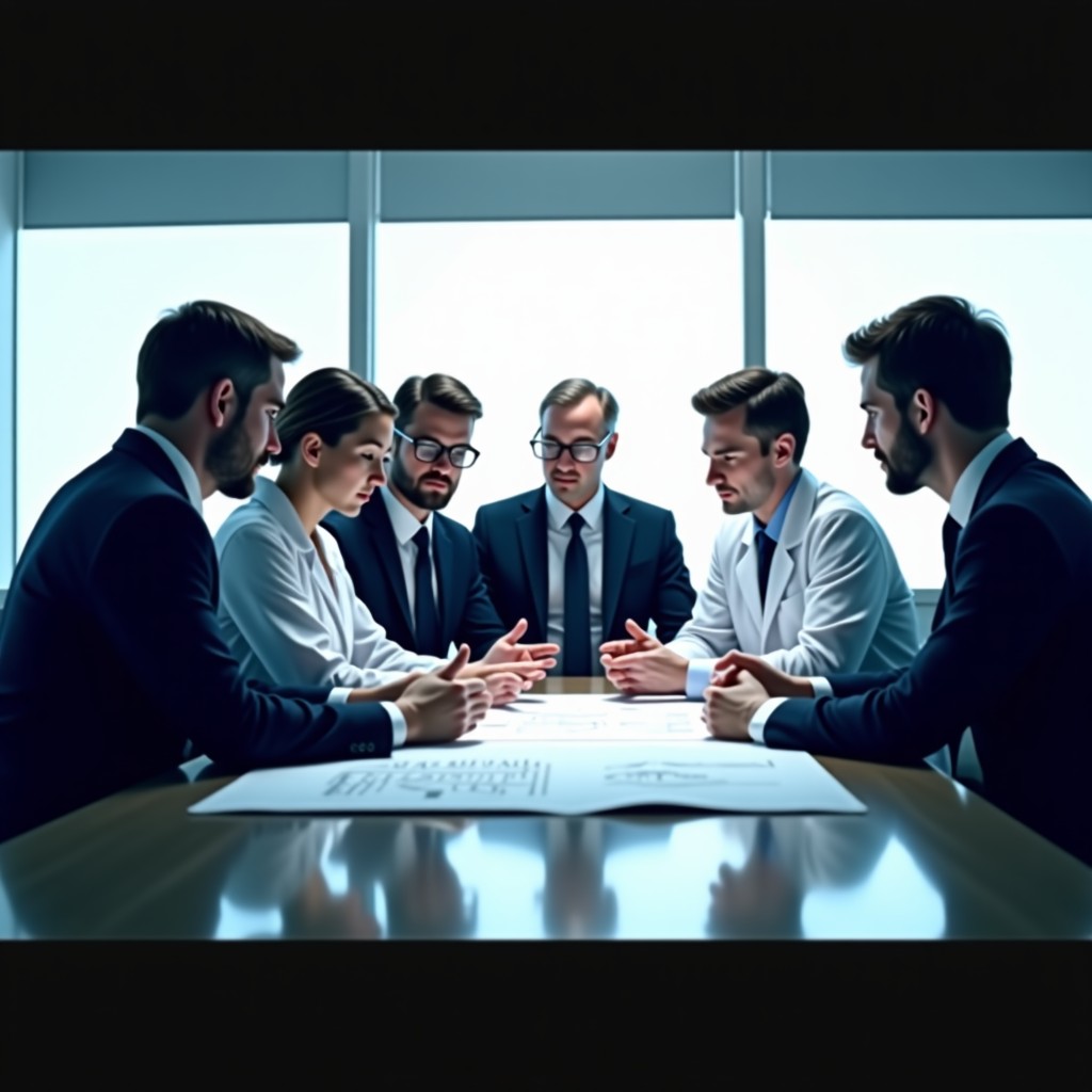 A diverse group of professionals in business suits and lab coats discussing a technical blueprint and a prototype in a clean meeting room, professional and serious mood, high contrast lighting, 4:3