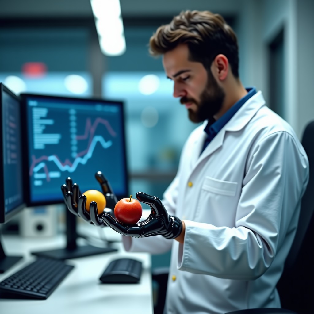 A professional engineer in a modern laboratory testing a robotic hand, the hand is holding a delicate organic fruit, high-tech interface screens in the background showing data waves, clean environment, realistic photography, 4:3