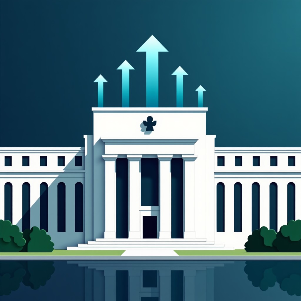 A conceptual illustration of the Federal Reserve building with a digital overlay of interest rate arrows pointing upward, 4:3