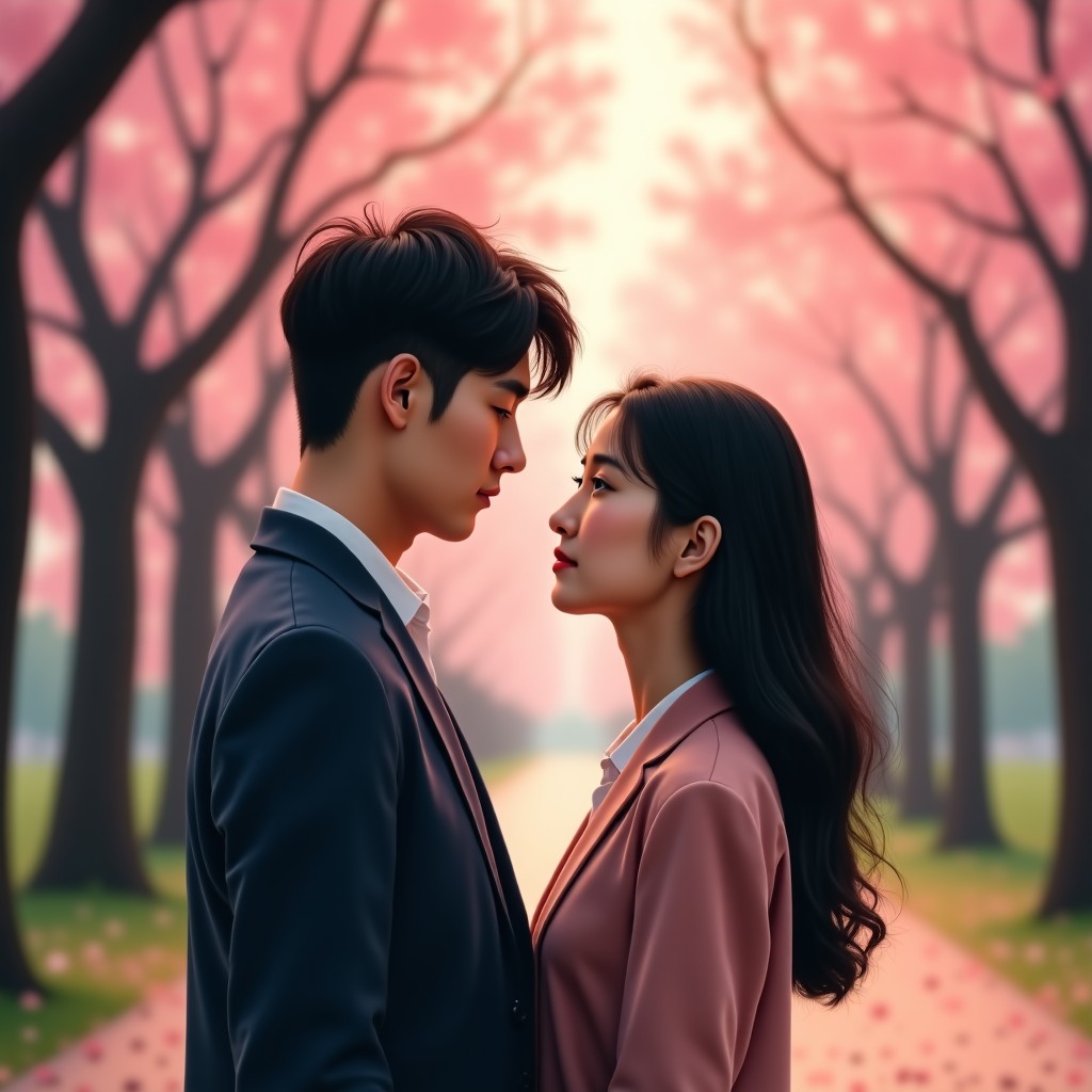 A beautiful Korean man and woman standing close together in a park with cherry blossoms falling, looking at each other with warm and affectionate eyes, romantic and soft lighting, high-quality cinematic shot, 4:3