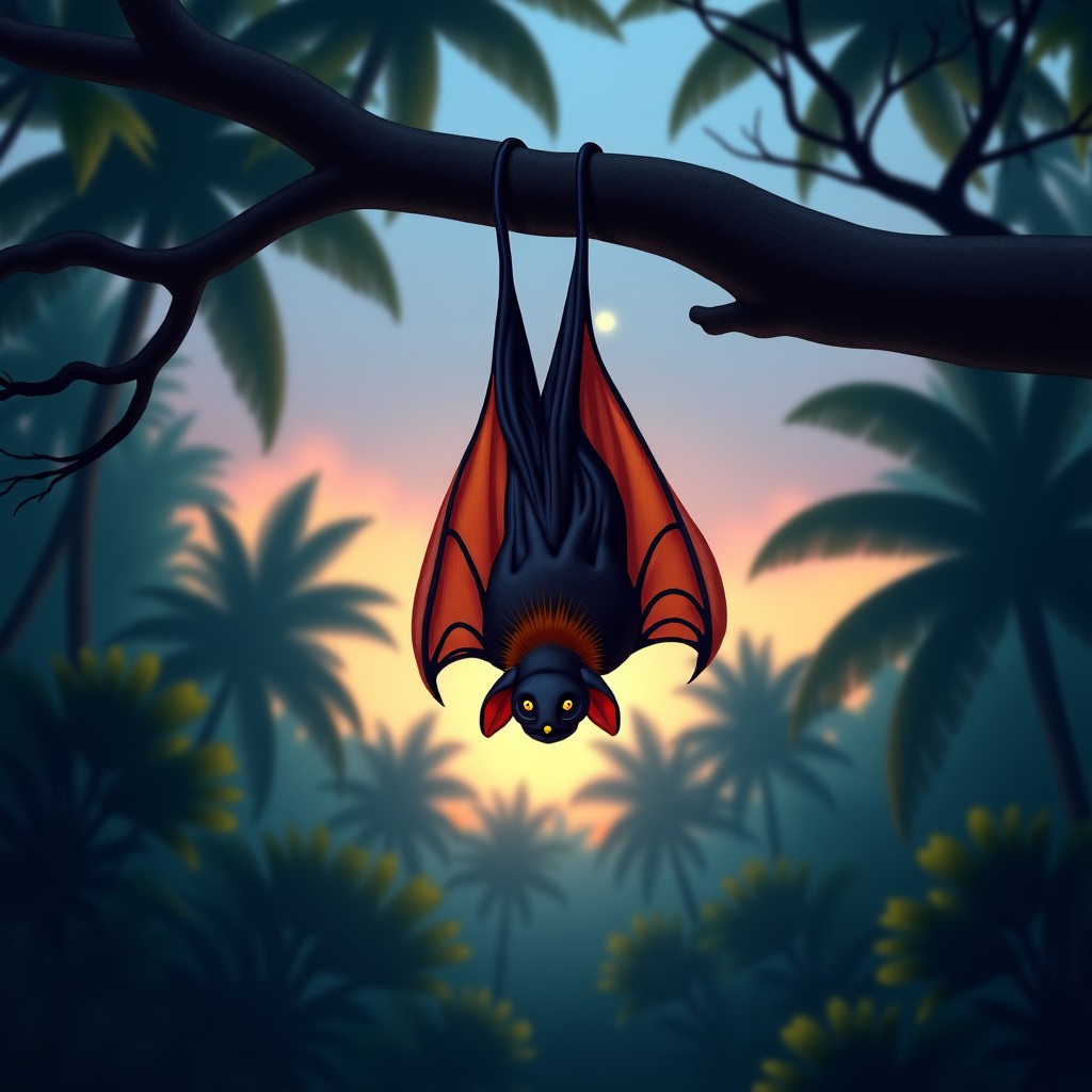 A realistic photography of a fruit bat hanging on a tree branch in a tropical forest at dusk, natural environment, high resolution, 4:3