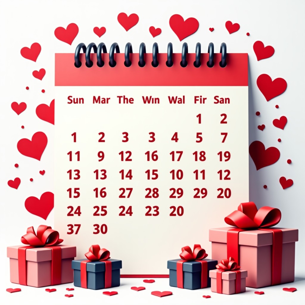 A modern layout showing a 12-month calendar with various icons like hearts roses and rings, surrounded by small colorful gift boxes, informational style, high contrast, 4:3