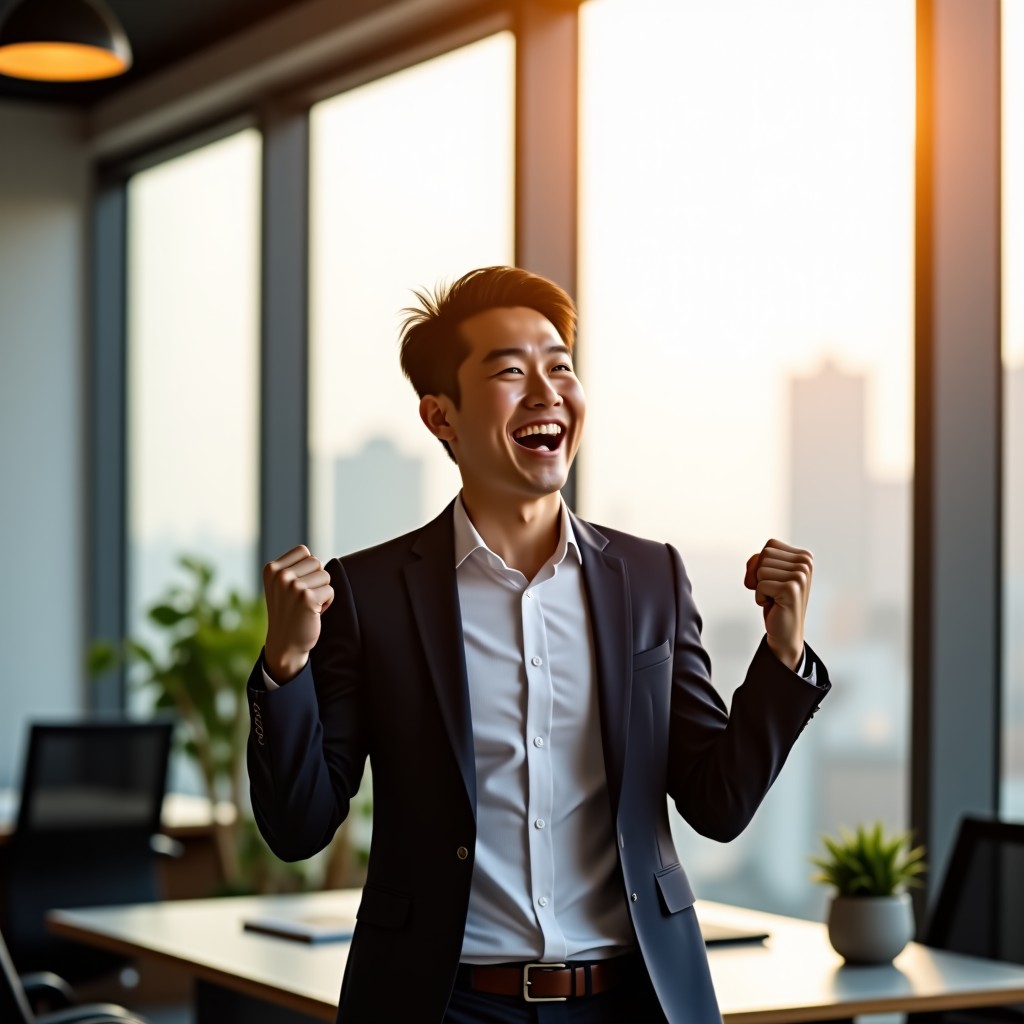 An energetic Korean professional working with great enthusiasm in a modern office sunlit background showing positive energy and zeal high quality photography 4:3