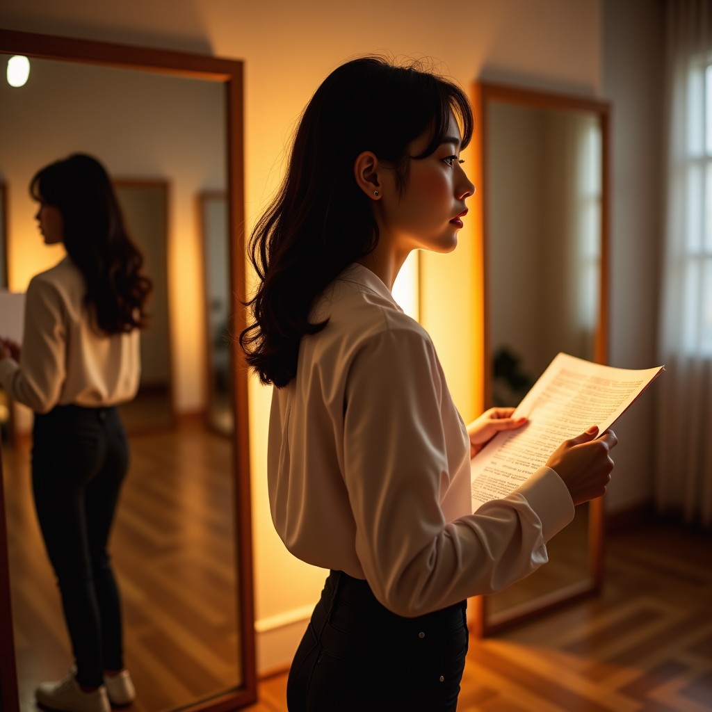 A young Korean woman practicing acting in a studio with large mirrors. She looks focused and passionate, holding a script. The lighting is warm and artistic, highlighting her profile. 4:3