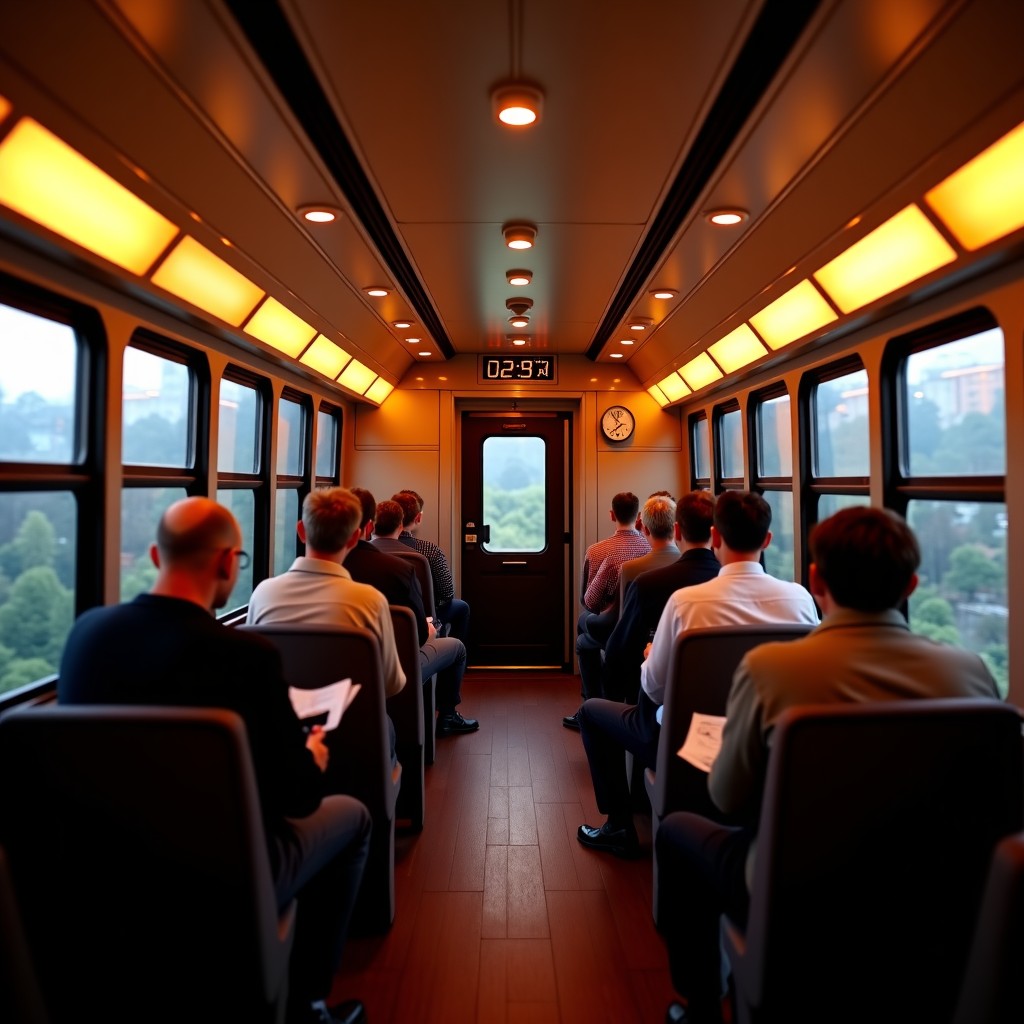 A cozy lounge car in a train with people enjoying live music performance, soft ambient lighting, sophisticated interior, 4:3