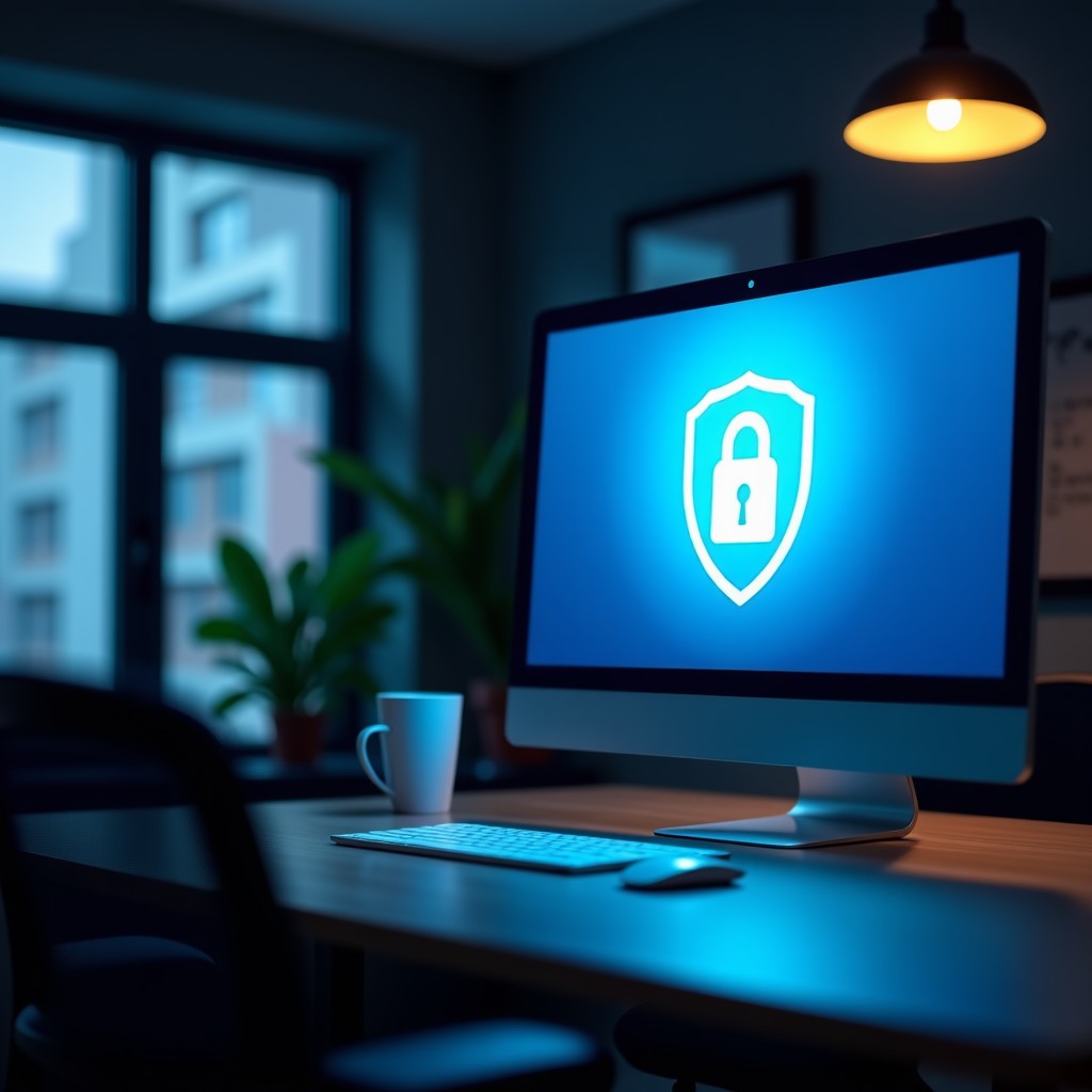 A professional and modern office setting representing a media regulator office, high contrast lighting, a digital screen displaying a shield and a lock icon symbolizing online safety and protection, cinematic atmosphere, 4:3
