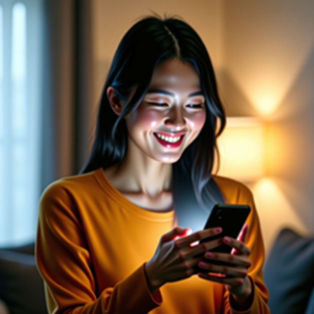 A happy Korean young professional looking at their phone and smiling, expressing a sense of achievement. Modern home interior, warm and bright lighting. No text visible. 1:1