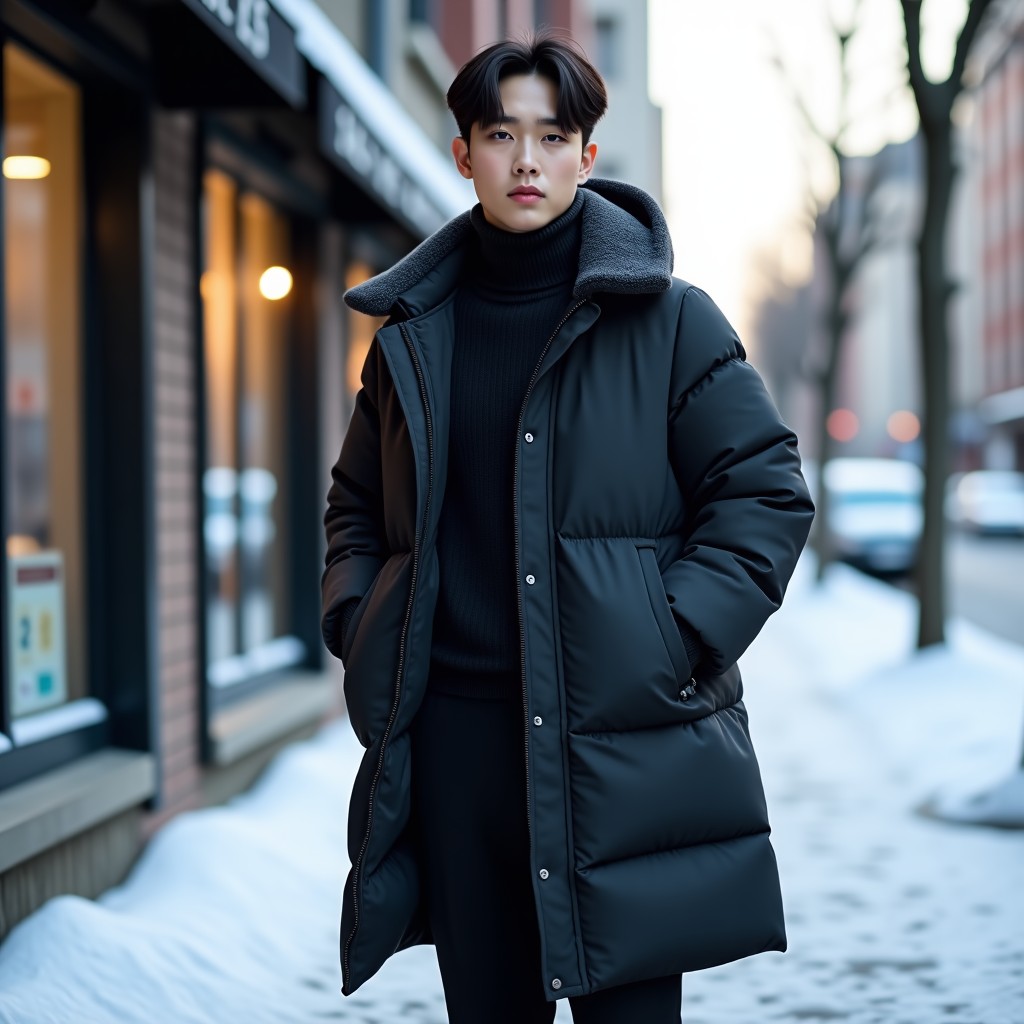 A stylish person wearing a premium long down parka, a thick wool turtleneck, and warm trousers standing on a cold city street with frost on the windows. Korean fashion style, natural morning light, realistic photography, high quality. 1:1