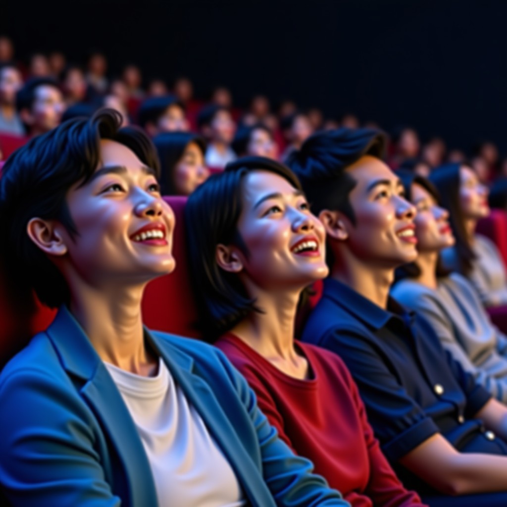 A diverse group of Korean audience members in a movie theater, mixed emotional expressions of excitement and contemplation, soft cinematic lighting from the screen, realistic lifestyle photography, 4:3